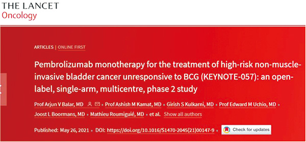 BCG无效的非肌层浸润性膀胱癌 帕博利珠单抗单药显示抗肿瘤活性